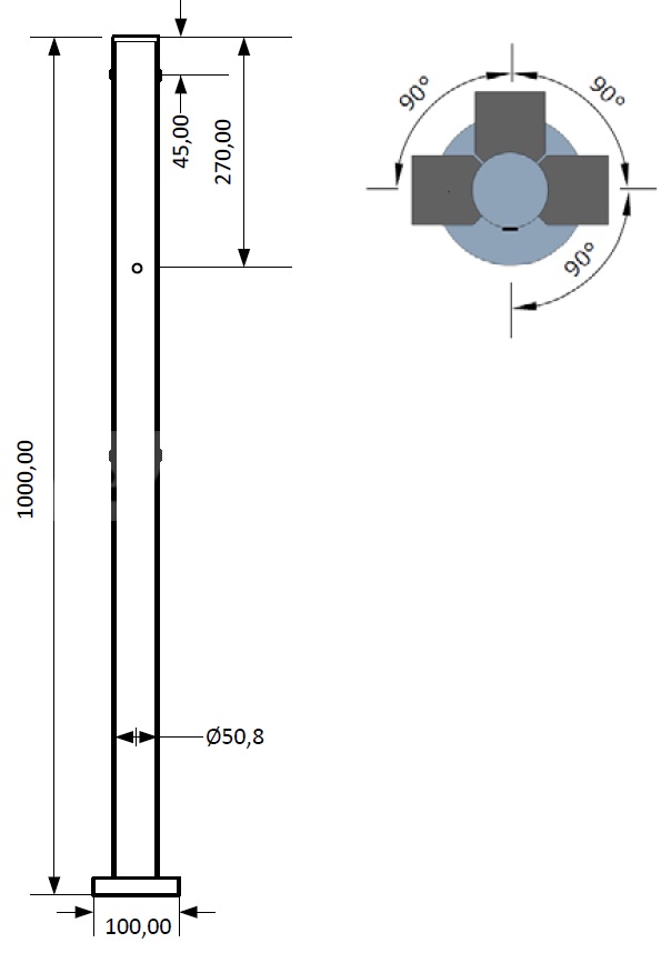С-50/6/90-180 Трехсторонняя стойка диаметр 50,8мм с 6 отверстиями М6 (угол 90 и 180) (АНАЛОГ УС1)