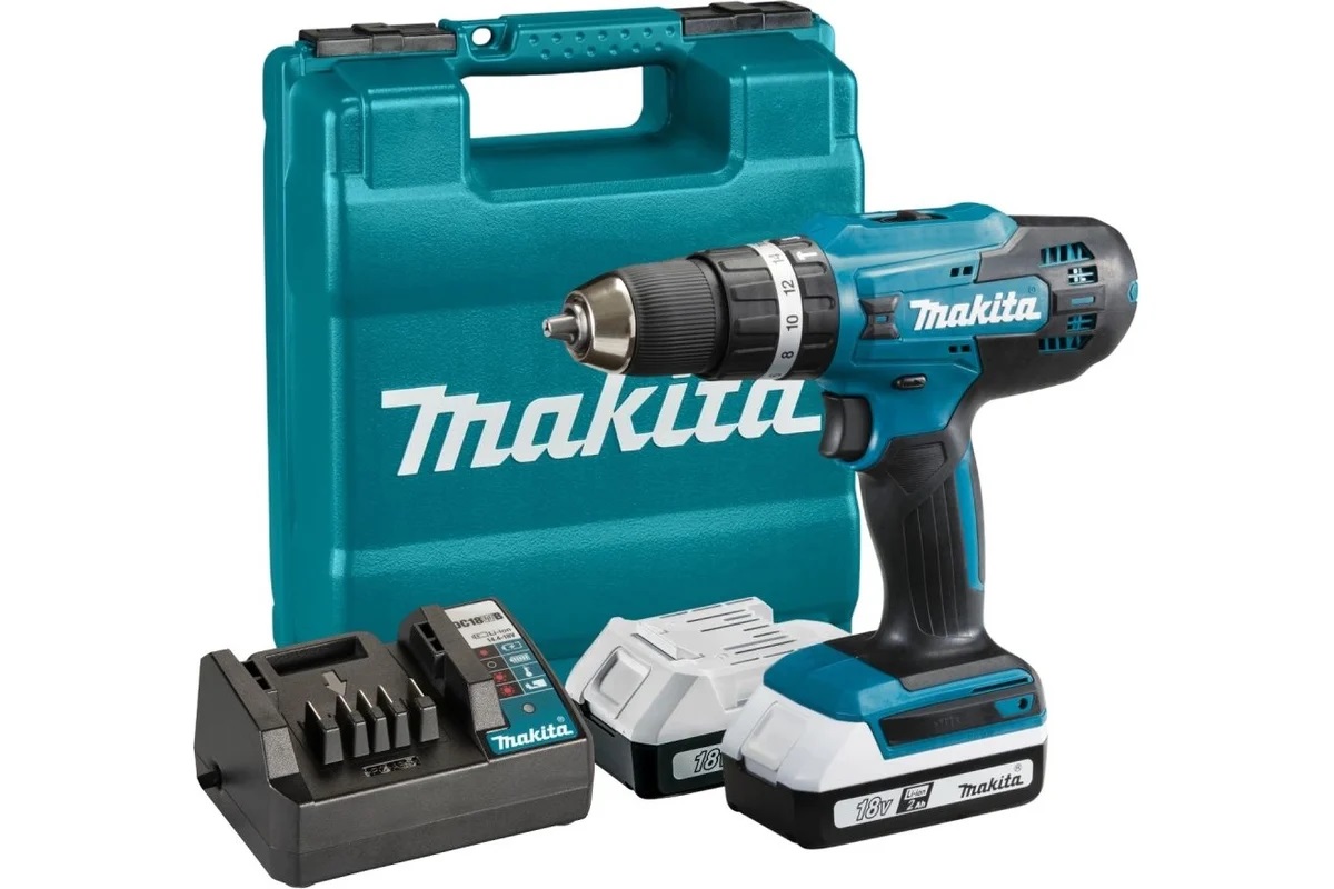 Makita Аккумуляторная ударная дрель-шуруповерт, 18 В, 1400 об/мин, 21000 уд/мин, с 2 АКБ 2 Ач и ЗУ, 